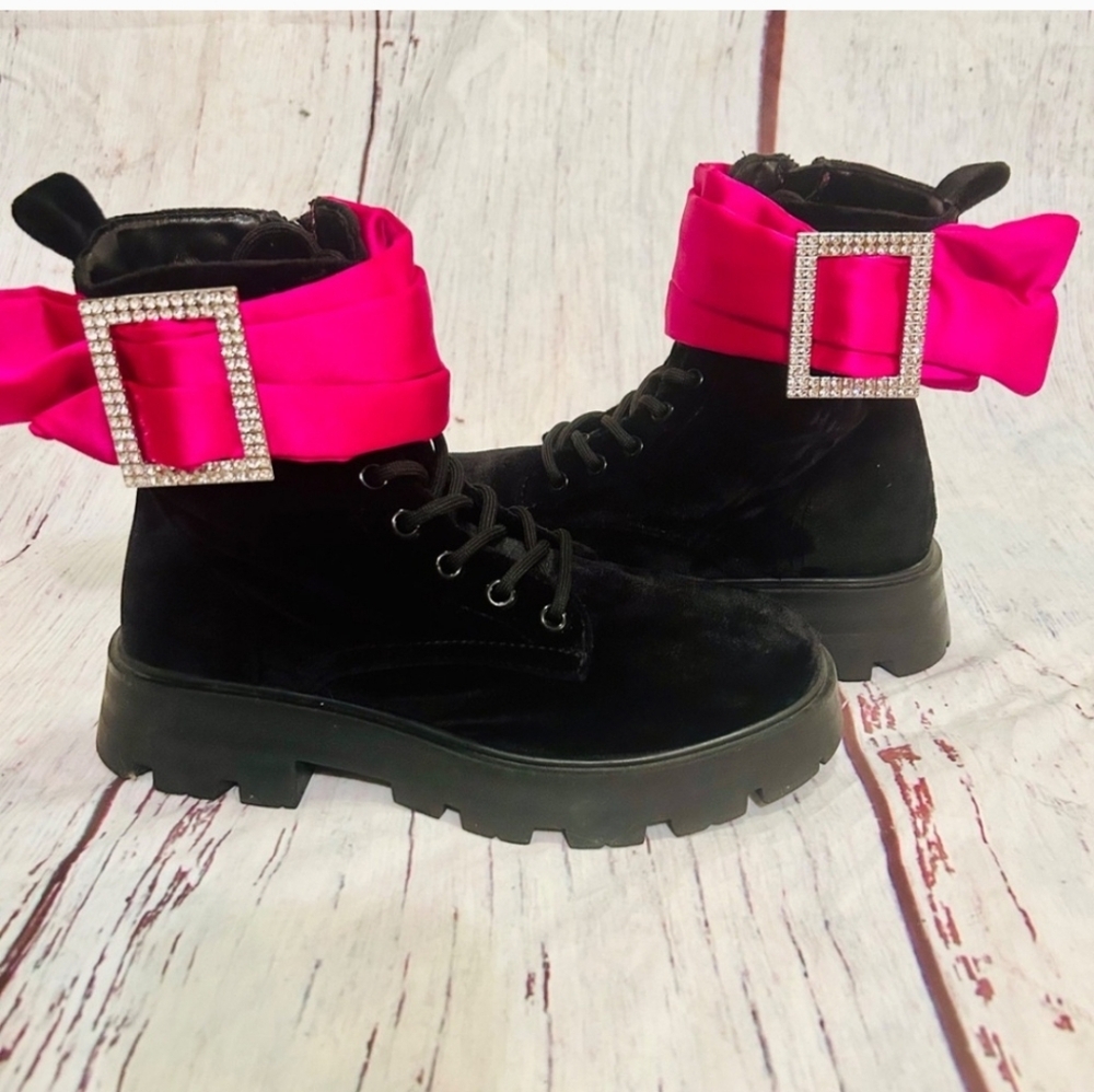 Betsey Johnson velvet boots with hot pink satin bow
